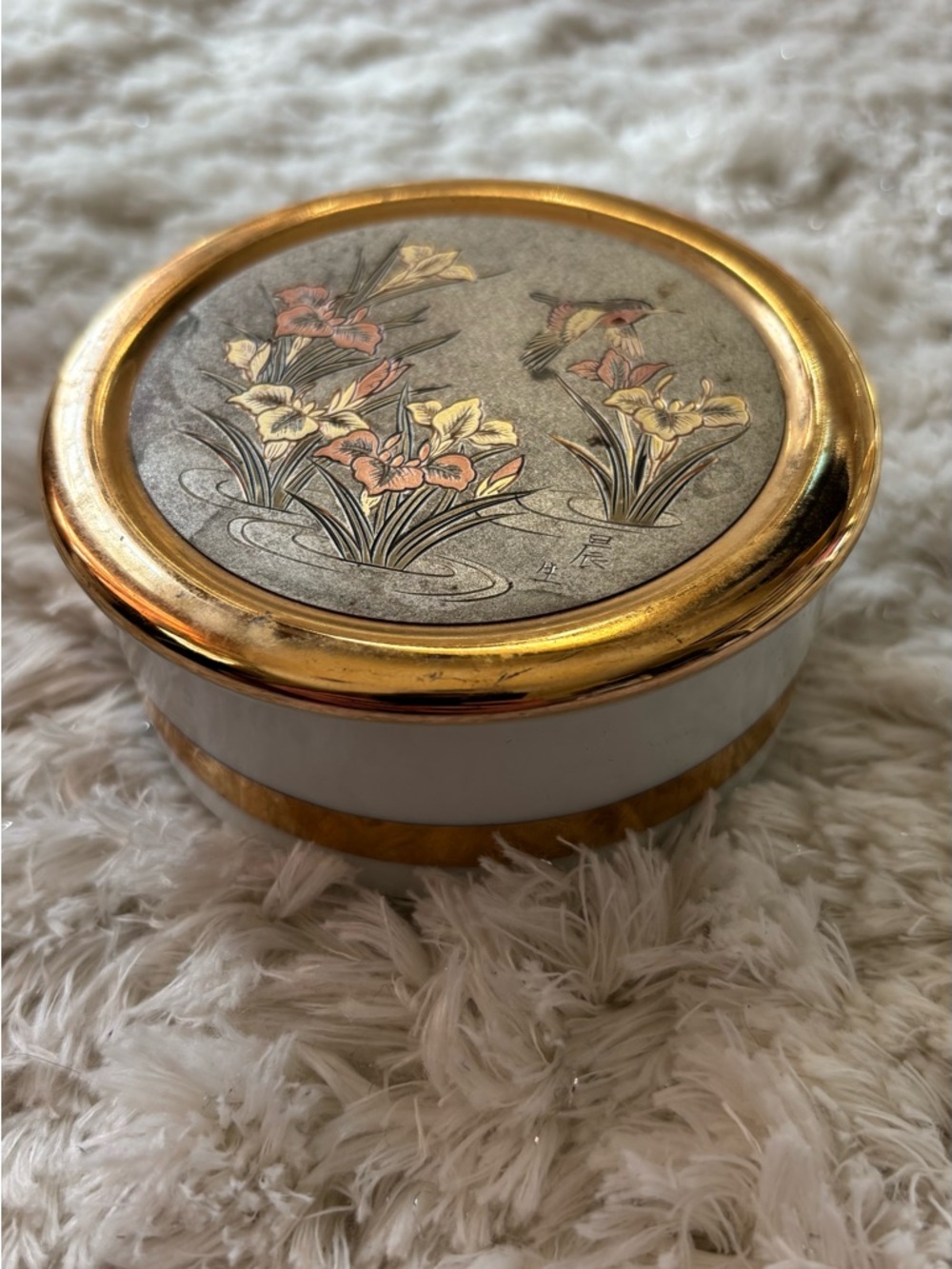Hummingbird Flower Chokin metallic etched Round Trinket Box
